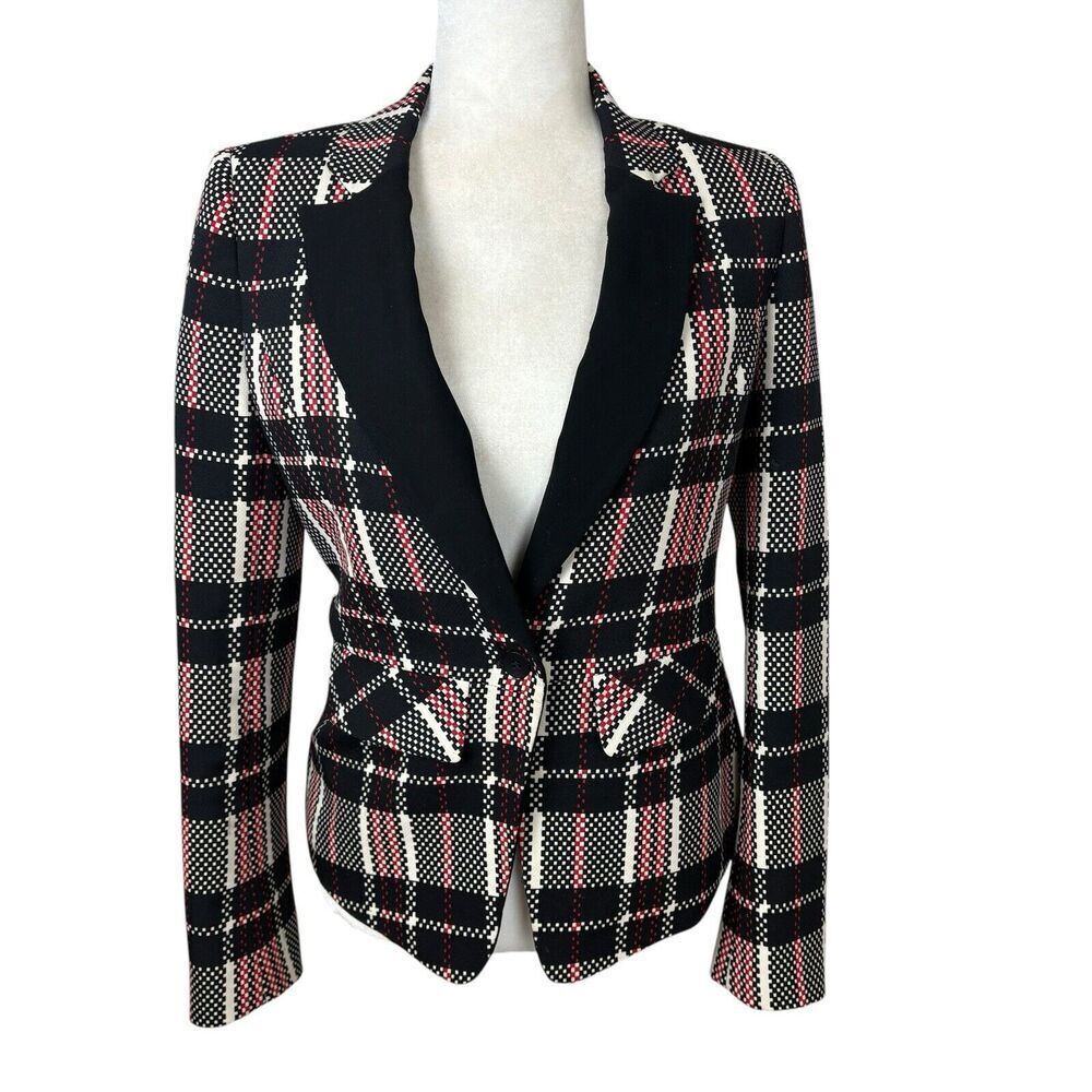 1.State Blazer Womens Size 4 Black Red Digital Plaid Fitted Preppy Vintage Y2K - Picture 2 of 14